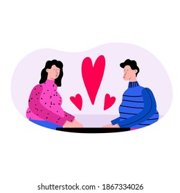 vector illustration in a frame - characters people for valentine's day. A guy and a woman are drawn to each other and kiss on a date. Husband and wife in a cafe. Flat style