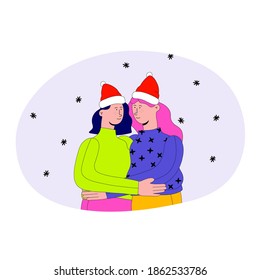 vector illustration in frame  - characters two girl couple stand under the snow in Christmas hats and kiss.Romantic lgbt lesbians family in winter. Non-binary people celebrating christmas together.