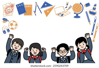Vector illustration frame with children and school supplies