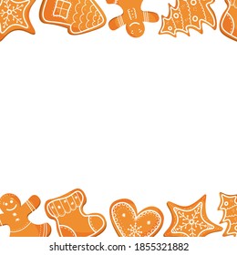 Vektorgrafik-Rahmen von Weihnachtsgingerbrot.  festliche Kekse auf weißem Hintergrund. Weihnachtsdekoration