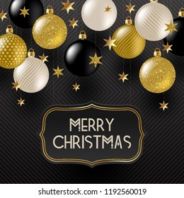 Vector illustration - Frame with Christmas greeting , Golden stars and black, white and glitter gold Christmas baubles.
