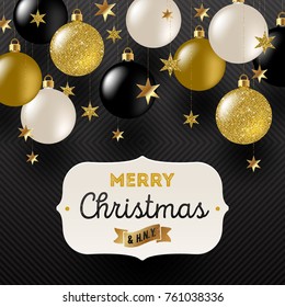 Vector illustration - Frame with Christmas greeting , Golden stars and black, white and glitter gold Christmas baubles.