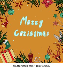 Vector illustration of a frame in Christmas style with Christmas decorations, Christmas reindeer,. For printing clothes, dishes, bedding, wrapping paper, blanks for designers