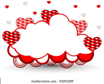 Vector illustration of a frame in cloud shape decorated with red and white hearts and copy space for Valentines Day and other occasions.