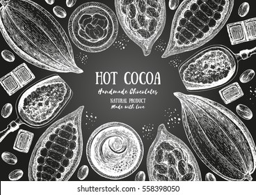 Vector illustration frame with cocoa products. Handmade chocolate, organic food. Vintage elements for design.