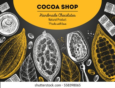 Vector illustration frame with cocoa products. Handmade chocolate, organic food. Vintage elements for design.