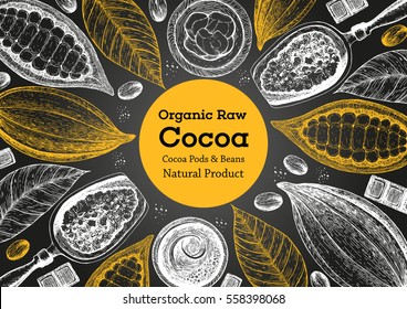 Vector illustration frame with cocoa products. Handmade chocolate, organic food. Vintage elements for design.