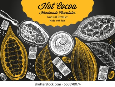 Vector illustration frame with cocoa products. Handmade chocolate, organic food. Vintage elements for design.