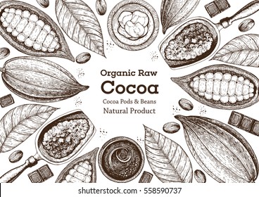 Vector illustration frame with cocoa products. Handmade chocolate, organic food. Vintage elements for design.