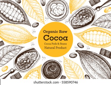 Vector illustration frame with cocoa products. Handmade chocolate, organic food. Vintage elements for design.