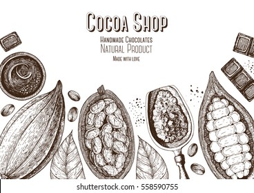 Vector illustration frame with cocoa products. Handmade chocolate, organic food. Vintage elements for design.