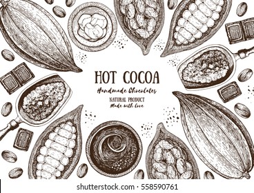 Vector illustration frame with cocoa products. Handmade chocolate, organic food. Vintage elements for design.