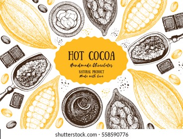 Vector illustration frame with cocoa products. Handmade chocolate, organic food. Vintage elements for design.