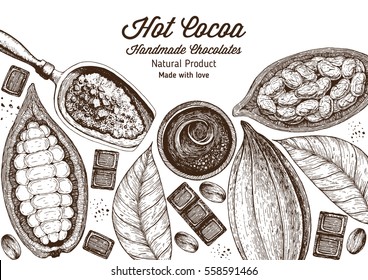 Vector illustration frame with cocoa products. Handmade chocolate, organic food. Vintage elements for design.