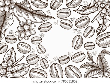 Vector illustration frame with coffee products. Handmade organic food. Vintage elements for design.