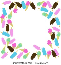Vector illustration of frame with colorful ice creams. White background. 