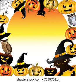 Vector and illustration frame and copy space of Halloween pumpkin, pumpkin lantern, black ghost cat, cute black cat in Halloween pumpkin, cute owl, witch hat and spider