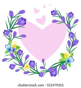 Vector illustration with frame of Crocus or saffron,pansies and hearts.floral wreath of flowers .Can be used as greeting cards,wedding invitations,Valentine's Day, birthday,spring or summer holiday.