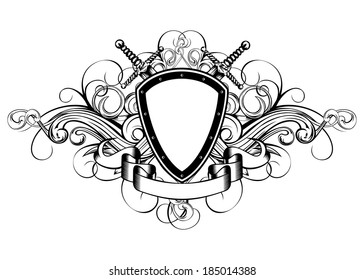 Vector illustration frame with crossed swords and patterns