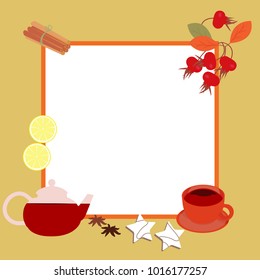 Vector illustration of a frame. A cup of tea, a teapot, cookies and spices with space for text, a menu for a restaurant, a bar.