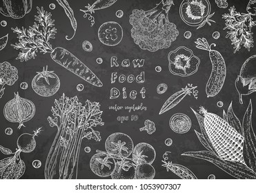 Vector illustration frame with currant, cranberry, bluberry, cherry, raspberry, strawberry and etc. Healthy food design template with berries on chalkboard. Great for design menu, recipes, poster