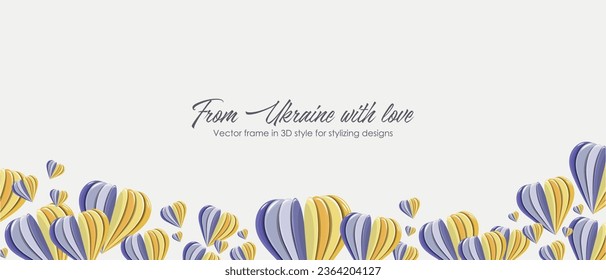 Vector illustration. Frame design. Colors of the Ukrainian flag. Blue and yellow. Heart, love. Design element, isolated vector. Horizontal banner. Design for postcard, banner.