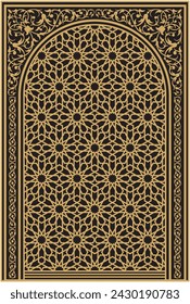 Vector illustration for frame design element, Islamic geometric ornament, door or window shape, gold color and black color background. Suitable for mosque decoration, calligraphy, Islamic art, etc