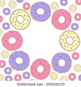 Vector illustration. Frame with donuts for Happy birthday for card, poster, invitation.