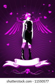 Vector illustration of a frame with emo girl and hearts