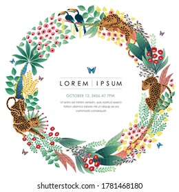 Ilustración vectorial de la Selva Exótica con flores y animales tropicales. Diseño de banner, afiche, tarjeta, invitación y libro de recortes 