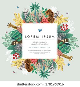 Vector illustration frame of Exotic Jungle with tropical flowers and animals. Design for banner, poster, card, invitation and scrapbook 