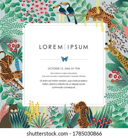 Vector illustration frame of Exotic Jungle with tropical flowers and animals. Design for banner, poster, card, invitation and scrapbook 