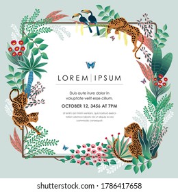 Vector illustration frame of Exotic Jungle with tropical flowers and animals. Design for banner, poster, card, invitation and scrapbook