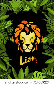 Vector illustration of a frame of exotic plants and tropical leaves of the jungle showing the face of a lion hunter