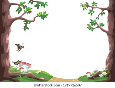 Vector illustration of a frame for a fairy tale background from trees, mushrooms and flowers in a cartoon style on a white background.