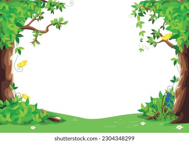 Vector illustration of frame for fairy tale background made of trees, yellow butterflies and flowers in cartoon style with copy space for text.