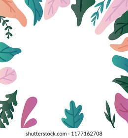 Vector illustration of frame from fantasy leaves and trees on white background with copy space. Floral design with botanical decorative elements for greeting or promotional card.