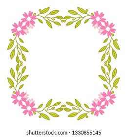 Vector illustration frame flower pink blooms with green leaves for greeting card hand drawn
