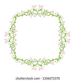 Vector illustration frame flower pink green leafy hand drawn