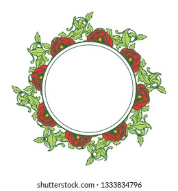 Vector illustration frame flower red and leaf green blooms for card hand drawn