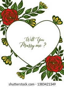Vector illustration frame flower red and yellow with lettering will you marry me