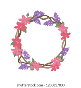 Vector illustration of a frame with flowers of clematis and lilac on a white isolated background, with place for your text. Template for greeting cards, invitations, web designs.