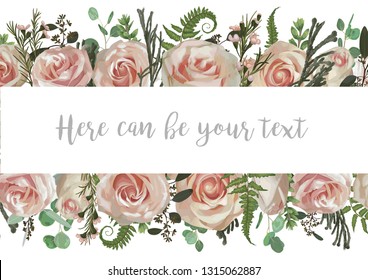 Vector illustration of a frame with flowers, green leaves of a forest fern, boxwood and eucalyptus, brunia, pink rose. Pattern for wedding invitations, greeting cards, banners, certificates and label
