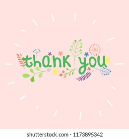 Vector illustration with frame of flowers, leaves and branches  and text "thank you" on white background. Greet for Thanksgiving cards. Holiday invitation, poster as shopping bag print.