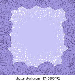 Ilustración vectorial de un marco con flores de la rosa de piedra Echeveria. Al estilo de una caricatura en tonos lilos suaves. Para postales, banners, decoraciones de bodas, etc.