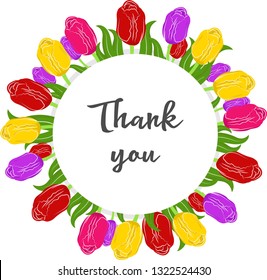 
vector illustration of a frame of flowers tulips with an inscription thank you