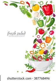 Vector illustration. Frame of fresh, ripe, delicious vegetables in vegan salad isolated on white background. Healthy organic food in a plate.  Set of ingredients for cooking in flat style