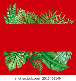 vector illustration frame of green watercolor leaves on a red background