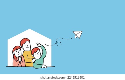 Vector illustration frame of happy family. Smiling family flying a paper plane for future.