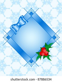 Vector illustration of a frame with Holly plant, red ripe berries, bow on seamless snowflakes background